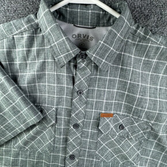 Orvis Medium Gray Green Check Button Up Short Sleeve Lightweight Mens Polyester - Picture 1 of 11